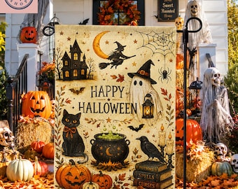 Happy Halloween Garden Flag, Vintage Ghost Witch Garden Flag, Black Cat Pumpkin Halloween Decor, Spooky Haunted House Yard Flag