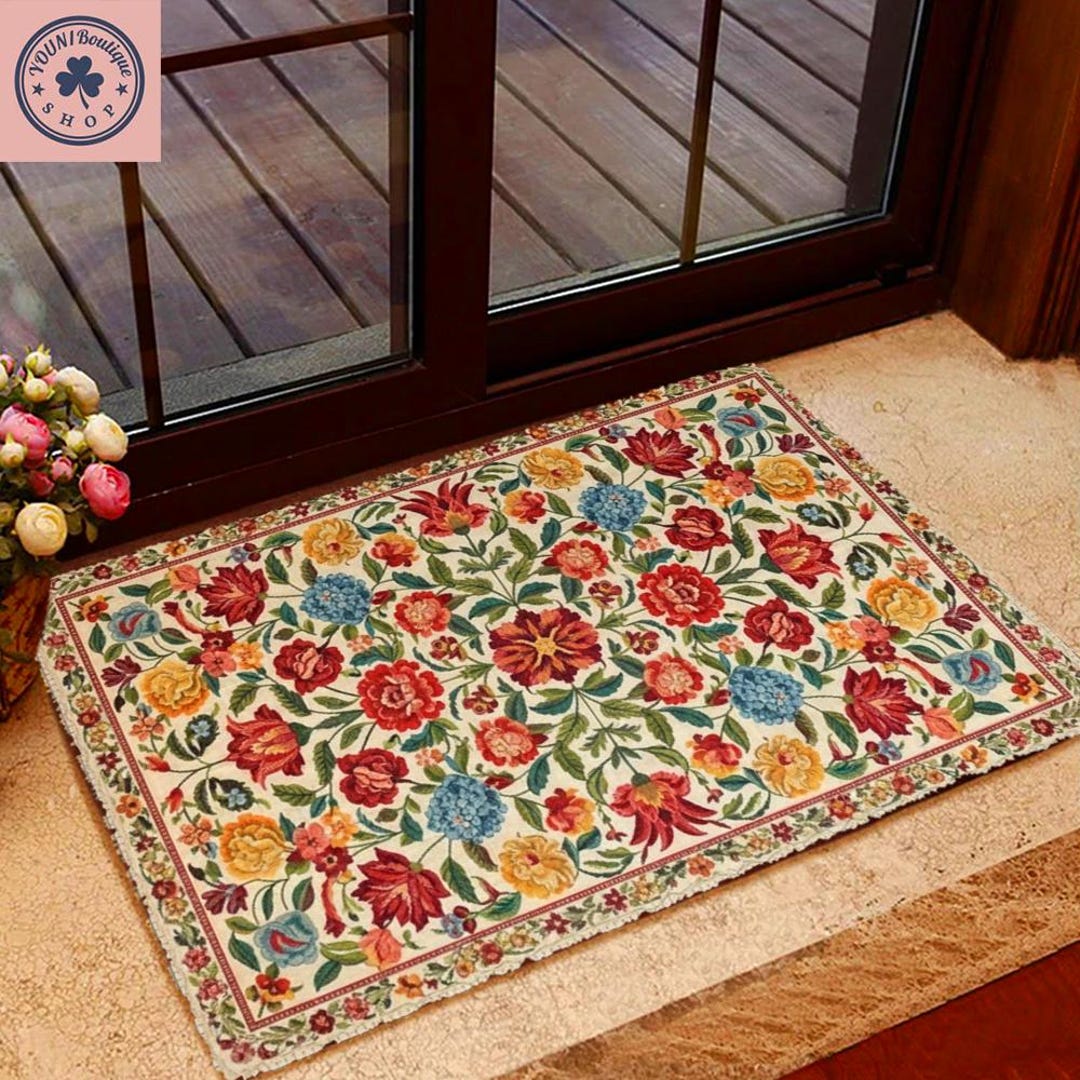 Vintage Floral Doormat, Colorful Botanical Entry Rug, Farmhouse Decor ...