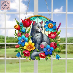 Fensterbild Katze und Blume, Fensterdeko Katze und Blume, Wohnkultur, Geschenk Katze und Blume, Geschenk für Katzenliebhaber, Geschenk für sie
