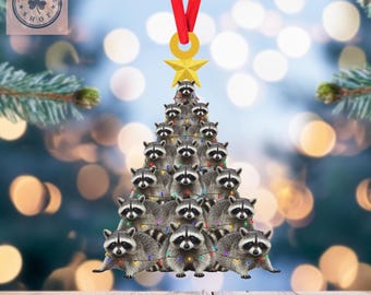 Adorno navideño de mapache con luces: divertido adorno navideño, adorno plano 2D, decoración para árbol de Navidad, regalo de Navidad