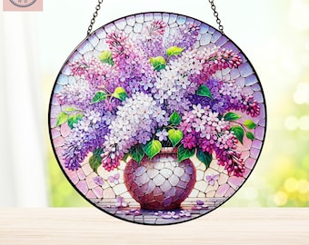 Lilac Bouquet Pot Stained Glass Suncatcher, Lilac Bouquet Suncatcher, Window Decor, Home Decor, Home Decor for Windows, Gift For Her