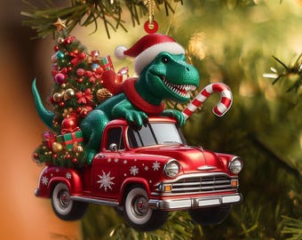 Dinosaurus rijdende auto kerstornament, dinosaurus kersthuisdecoratie, kerstcadeau, cadeau voor haar, kerstmis 2024