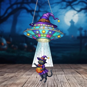 Halloween UFO Cat Acrylic Window Hanging, Funny Cat Halloween Home Decor , Cat Lover Gift, Gift For Her