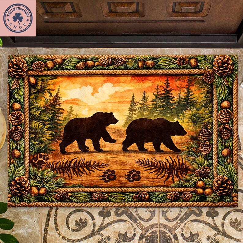 Rustic Bear Welcome Doormat, Woodland Cabin Entry Rug, Pinecone Forest ...