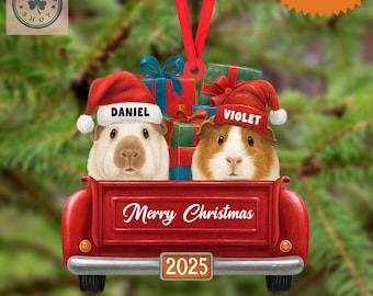 Puede incluir: Un adorno navideño plano con dos cobayas con gorros de Papá Noel con los nombres Daniel y Violet, sentadas en la parte trasera de un camión rojo lleno de regalos. El portón trasero dice Merry Christmas y la matrícula indica 2025.