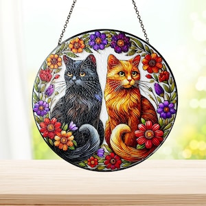 Cat Stained Glass, Cat And Flower Suncatcher, Acrylic Window Hanging, Gift For Cat Lover, Gift For Her