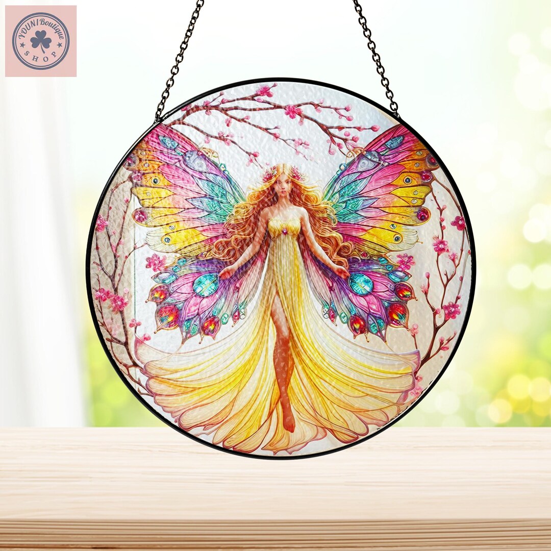 Aazon.co: Forest Butterfly Fairy Stained Window Hanging Ornaent, Heart Shaped Oon Garden - View #5