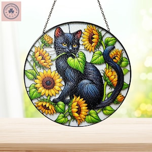 Black Cat And Sunflower Stained Glass, Cat Decor, Cat Lovers, Cat Memorial, Ornament Gift for Mom, Sunflower Gift