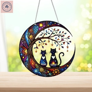 Personalized Two Cat On Moon Window Hanging, Cat Home Decor, Cat Lovers Gift, Cat Mom Gift, Cat Decoration, Cat Memorial Gifts, Pet Lover