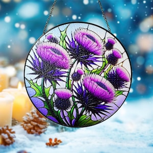 Purple Thistles Stained Glass, Purple Thistles Suncatcher, Christmas Home Decor, Christmas Gift, Gift For Her, Xmas 2024