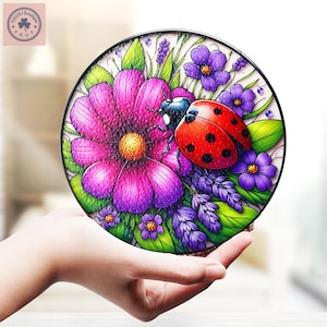 Ladybug And Flower Stained Glass Suncatcher, Ladybug Glass Art Decor Home, Gift For Ladybug Lovers