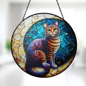 Cat And Moon Stained Glass, Cat And Moon Suncatcher, Cat Window Hanging, Home Decor, Gift For Cat Lover