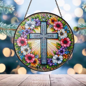 Cross And Flowers Stained Glass, Cross Suncatcher, Jesus Window Hanging, Christmas Home Decor, Christmas Gift