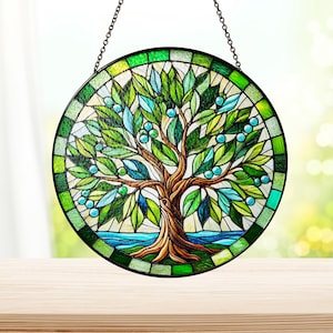 Green Tree Stained Glass Suncatcher, Green Tree Stained Glass, Home Decor, Window Hanging Decor