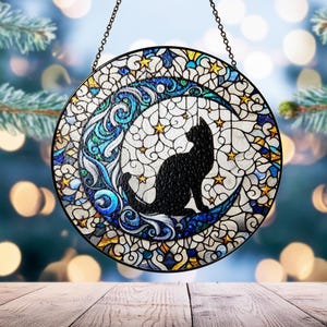 Cat On Moon Stained Glass, Cat Suncatcher, Acrylic Window Hanging, Gift For Cat Lover, Gift For Her