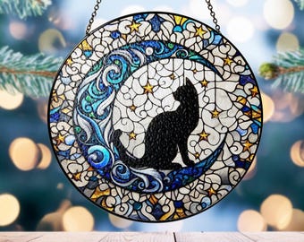 Cat On Moon Stained Glass, Cat Suncatcher, Acrylic Window Hanging, Gift For Cat Lover, Gift For Her
