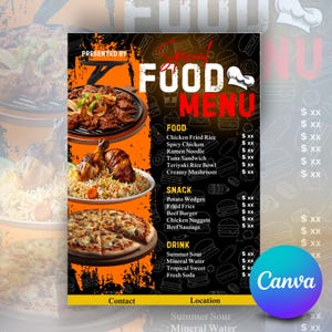 Könnte beinhalten: Eine Speisekarte mit schwarzem und orangefarbenem Hintergrund. Das Menü zeigt Bilder verschiedener Gerichte, darunter Chicken Fried Rice und Pizza. Es listet auch Snacks und Getränke auf.