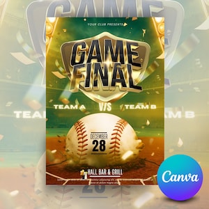 Op de afbeelding: Een honkbalthema poster met de woorden "GAME FINAL" in gouden letters. De poster bevat een honkbal, de datum "DECEMBER 28" en de tekst "TEAM A V/S TEAM B". De achtergrond is een honkbalveld.