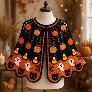 Halloween Crochet Capelet, Pumpkin Spiderweb Shawl, Witch Costume (PDF Pattern)