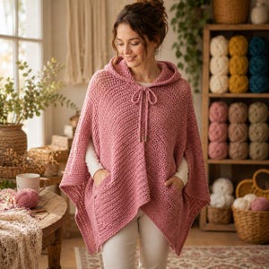 May include: A dusty rose crochet hooded poncho featuring a textured stitch pattern, a front drawstring closure with metallic tips, and two integrated front pockets. The garment has an open-side design and is worn over a long-sleeved white shirt.