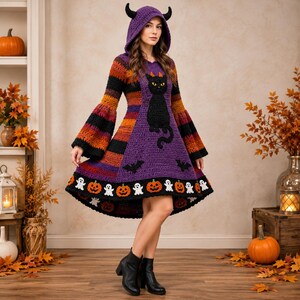 Patrón de vestido de gato diablo de Halloween a crochet en PDF, tutorial para disfraz de bruja con capucha (hazlo tú mismo)