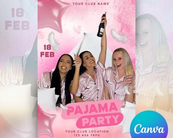Pink Pajama Party Flyer Template: Editable Sleepover Invitation (Canva Design, Printable Download