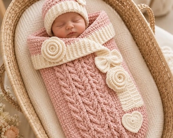 May include: A soft, dusty pink crochet baby swaddle blanket featuring a cable knit pattern, accented with cream-colored crocheted flowers, bows, and a heart. The set includes a matching cream-trimmed dusty pink crochet baby hat.