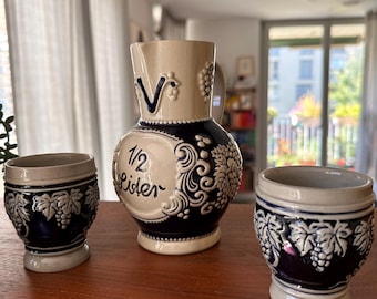 Jarra de vino vintage de 0,5 l Marzi & Remy, jarra de gres de la década de 1960, jarra de cerámica alemana con 2 tazas, estilo retro de mediados de siglo.