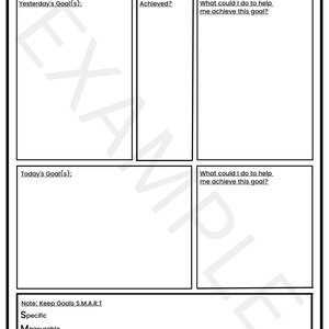 Pode incluir: Uma folha de trabalho de objetivos diários imprimível em preto e branco com o texto "DAILY GOALS" no topo. A folha de trabalho é dividida em quatro seções: Objetivo(s) de ontem, Alcançado?, O que posso fazer para me ajudar a alcançar este objetivo?, Objetivo(s) de hoje, e O que posso fazer para me ajudar a alcançar este objetivo?. A folha de trabalho também inclui uma nota: "Keep Goals S.M.A.R.T." com um acrônimo para Específico, Mensurável, Alcançável, Realista e Limitado no tempo.