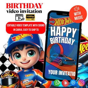 Cars verjaardagsuitnodiging, Cars video-uitnodiging, Lightning McQueen-uitnodiging, Hot Wheels verjaardagsuitnodiging, Hotwheels-uitnodiging