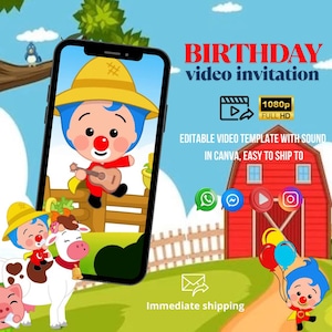 Convite de aniversário animado do palhaço fazendeiro Plim Plim, convite digital do palhaço fazendeiro Plim Plim, convite de primeiro aniversário do fazendeiro Plim Plim