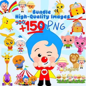 Plim Plim +150 images PNG, digital stickers, instant digital download, water background, and friends, circus, the clown and his friends