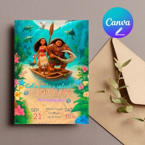Moana Birthday Invitation Editable Template – Tropical Ocean Party, Polynesian Girl Birthday Card, Printable Canva Invite