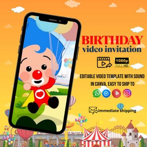 Invito di compleanno animato a tema clown Plim Plim, invito digitale a tema clown Plim Plim, invito per il primo compleanno a tema clown Plim Plim