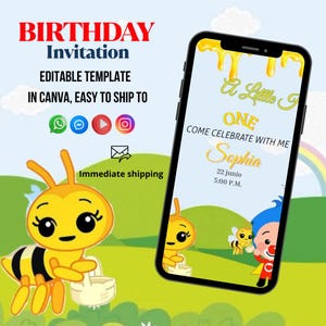 Little Bee Plim Plim birthday digital invitation, Little Bee digital invitation, first birthday digital Invitations