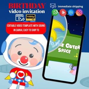 Animated Space Plim Plim Birthday Invitation (Digital Canva Template)