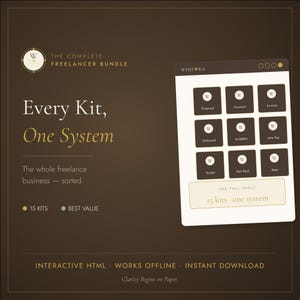 Peut inclure: Un graphique numérique marron foncé pour The Complete Freelancer Bundle. Il présente le texte Every Kit, One System, 15 KITS et BEST VALUE. Une interface rectangulaire blanche affiche neuf carrés sombres étiquetés Proposal, Contract, Invoice, Onboard, W-8BEN, Late Pay, Scope, Get Paid et Rate.