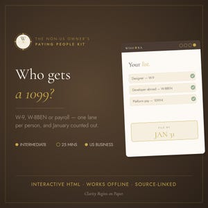 Könnte beinhalten: Eine digitale Infografik mit dem Titel The Non-US Owner's Paying People Kit. Sie enthält den Text Who gets a 1099? und eine Checkliste mit Designer W-9, Developer abroad W-8BEN und Platform pay 1099-K sowie einen Button File by Jan 31.