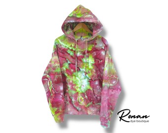 Ice-Dyed (Large) Unisex Hoodie - Plum, Pink, Lime Green - One of a Kind Wearable Art