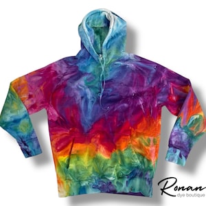 Ice-Dyed (Large) Hoodie - Lightweight Sweatshirt - Rainflow Colorway - Rainbow Tie Dye