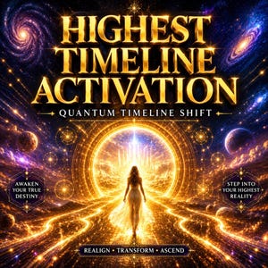 Op de afbeelding: Een digitale afbeelding met de tekst HIGHEST TIMELINE ACTIVATION en QUANTUM TIMELINE SHIFT. Een figuur in een witte jurk loopt naar een gloeiend gouden portaal in een kosmische ruimte met planeten en sterren. De tekst bevat AWAKEN YOUR TRUE DESTINY, STEP INTO YOUR HIGHEST REALITY en REALIGN TRANSFORM ASCEND.