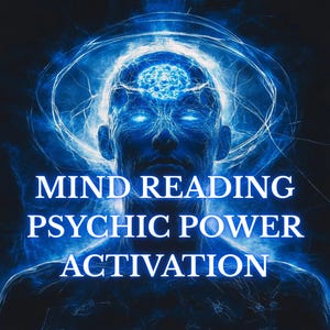 May include: A digital illustration of a human head with glowing blue eyes and a brain. The image has a blue and black color scheme with the words "MIND READING PSYCHIC POWER ACTIVATION" in white text.