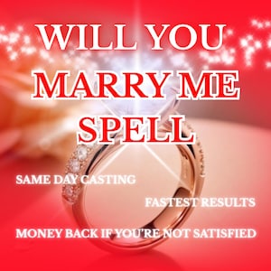 May include: A close-up of a rose gold engagement ring with a large, clear diamond. The words "WILL YOU MARRY ME SPELL" are displayed in white text above the ring. Additional text includes "SAME DAY CASTING", "FASTEST RESULTS", and "MONEY BACK IF YOU'RE NOT SATISFIED".
