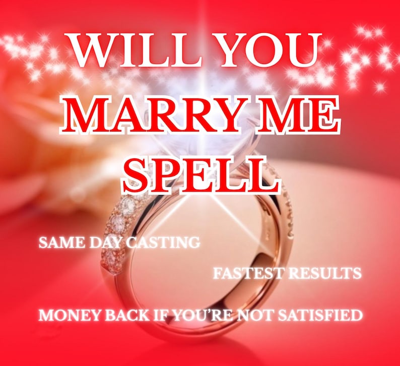 May include: A rose gold engagement ring with a large, clear diamond. The words "WILL YOU MARRY ME SPELL" are displayed in white text above the ring. Additional text includes "SAME DAY CASTING", "FASTEST RESULTS", and "MONEY BACK IF YOU'RE NOT SATISFIED".