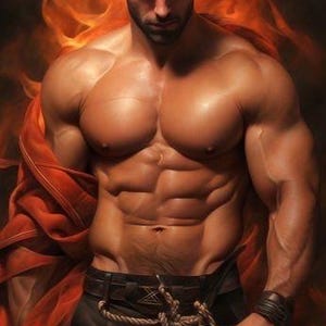Puede incluir: Una figura musculosa se encuentra frente a un fondo de fuego. La persona lleva pantalones negros con un detalle de cuerda y un cinturón de cuero. Una tela roja cubre el hombro. La imagen tiene un estilo dramático y artístico.