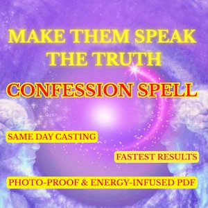 Puede incluir: Un gráfico digital con un fondo morado y blanco. El texto en amarillo y rojo dice "MAKE THEM SPEAK THE TRUTH CONFESSION SPELL". Texto adicional en amarillo indica "SAME DAY CASTING", "FASTEST RESULTS" y "PHOTO-PROOF & ENERGY-INFUSED PDF".