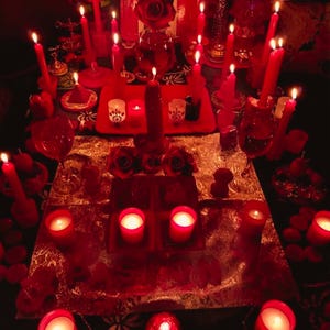 May include: A collection of red candles of various sizes and shapes, some lit, arranged on a table. The arrangement includes roses, small candle holders, and decorative items, creating a warm, inviting ambiance. The overall theme suggests a spiritual or decorative setting.