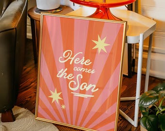 Impressão "Aí Vem o Filho": Arte de Parede Cristã Retrô (Download Digital)