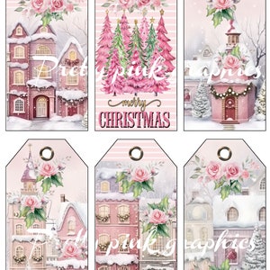 Różowe domki, wioska świąteczna - Shabby chic - tagi - pobieranie cyfrowe i drukowanie - Ephemera - dziennik śmieci - karty ATC - rezerwacja złomu - arkusz kolażu