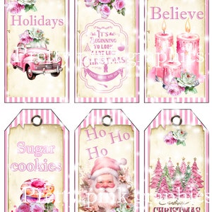 Etiquetas navideñas Shabby chic-rosa- descarga digital e impresión-Ephemera-revista basura- Tarjetas ATC-reserva de chatarra -hoja de collage